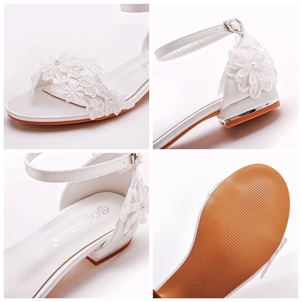 Summer new 2-cm square-heeled silk ribbon pearl rhinestone low-heeled wedding shoes beaded lace-up flat large-size women sandals