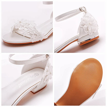 Summer new 2-cm square-heeled silk ribbon pearl rhinestone low-heeled wedding shoes beaded lace-up flat large-size women sandals