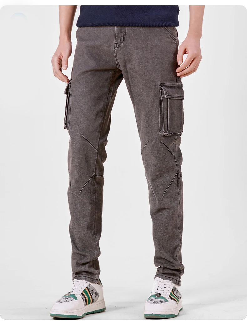 Men's Street Style Elastic Waist Denim Cargo Pants Solid Color Washed Slim Fit Casual Jeans with Multiple Pockets for Daily Wear