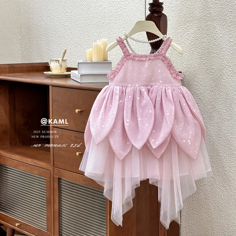 Girls Dress 2025 Summer New Flower Fairy Princess Strap Dress Super Fairy Children Birthday Princess Dress