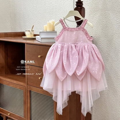Girls Dress 2025 Summer New Flower Fairy Princess Strap Dress Super Fairy Children Birthday Princess Dress