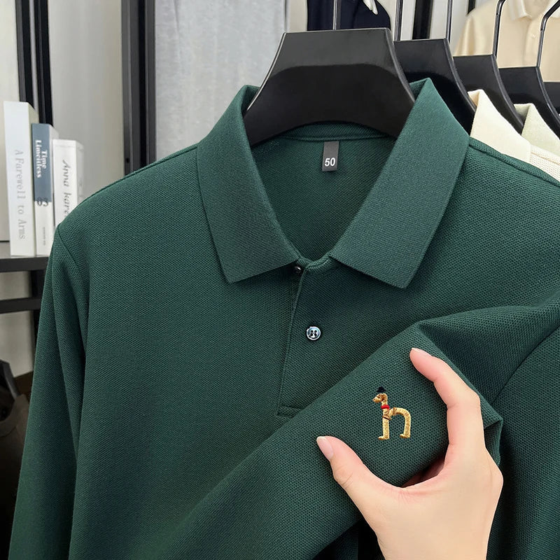 100% Cotton Luxury Brand Men's Polo Shirt Exquisite Dog Embroid Long Sleeve Fashion Quality Lapel T-Shirt Business Casual Menswear
