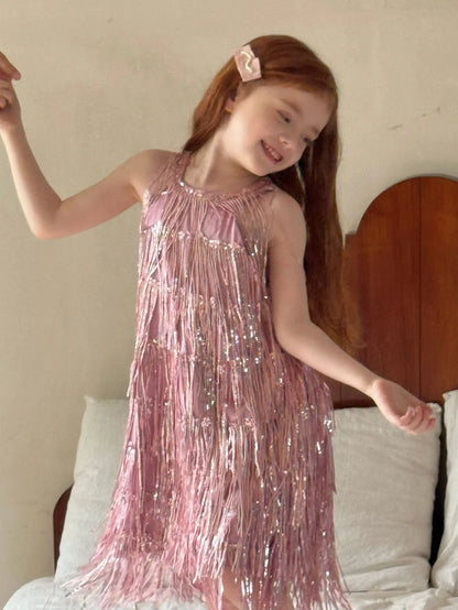 Vestido Infantil Meninas 2025 Verão Novo Moda Infantil Vestido de Borla Brilhante de Luxo Vestido de Aniversário para Meninas