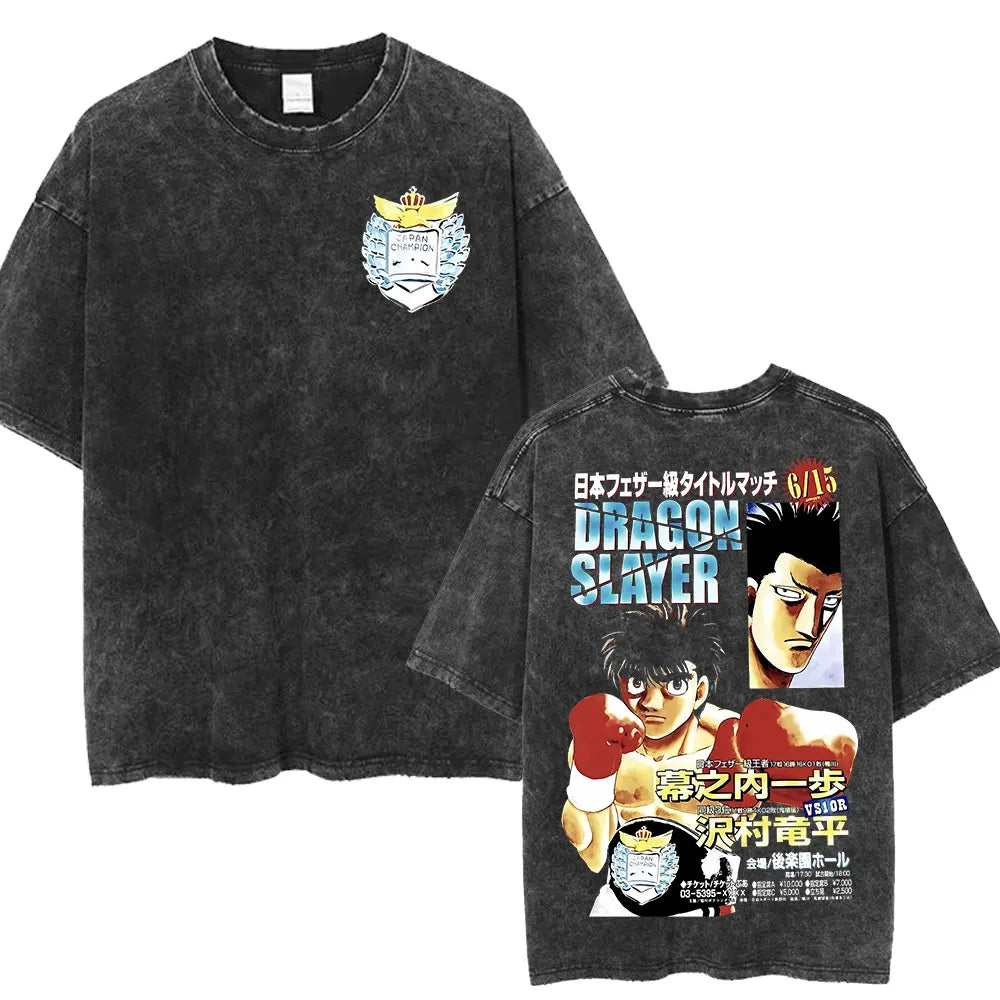 Anime Hajime No Ippo Washed Vintage T-shirt Kamogawa Boxing Gym Harajuku T-shirts Makunouchi Takamura KGB Loose Cotton T Shirt