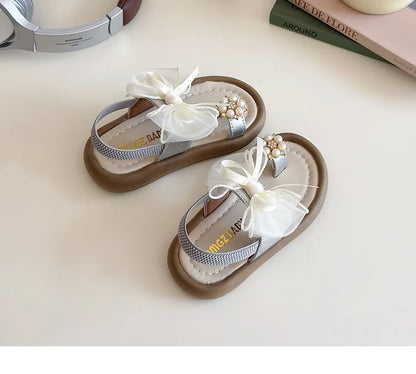 Brand Designer Ribbons Sandals for Girls Beaded Flip Flop Evening Party Dress Shoes Tulle Bow-tie Child Shoes Girl Sandal I06034