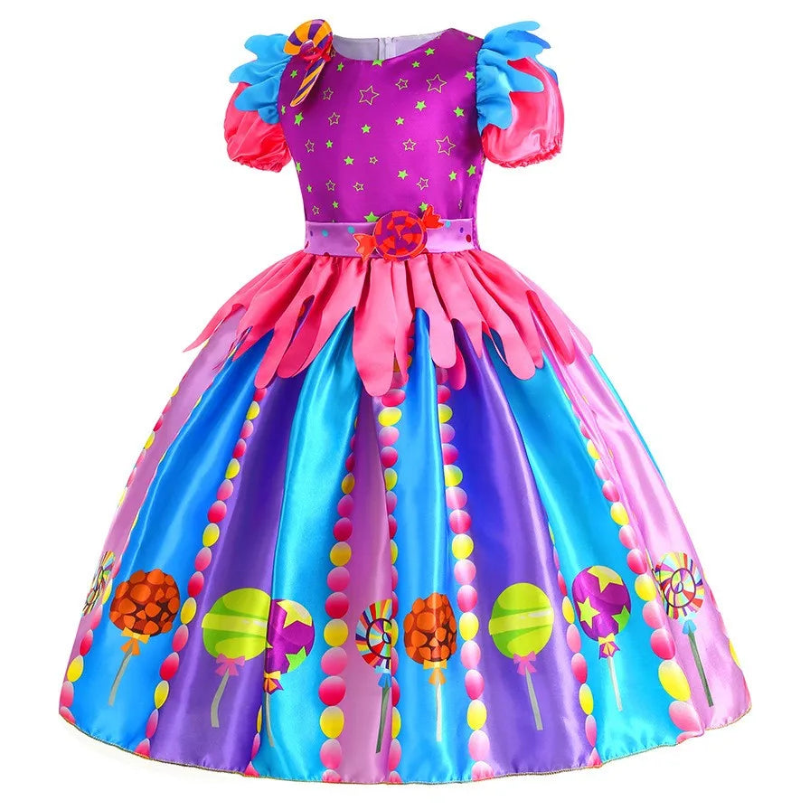 2026 New Candy Dress For Baby Girl Purim Carnival Birthday Costume Fancy Rainbow Short Sleeve Cute Dress + Accessories Set
