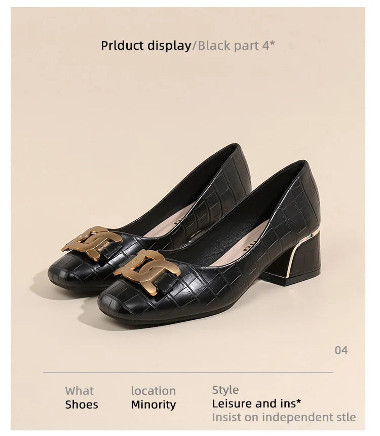 Plus Size 35-43 Women Pumps Med Heel Square Toe Pumps Office Lady Leahter Shoes Big Gold Metal Chain Soft Soles Slip on Shoes