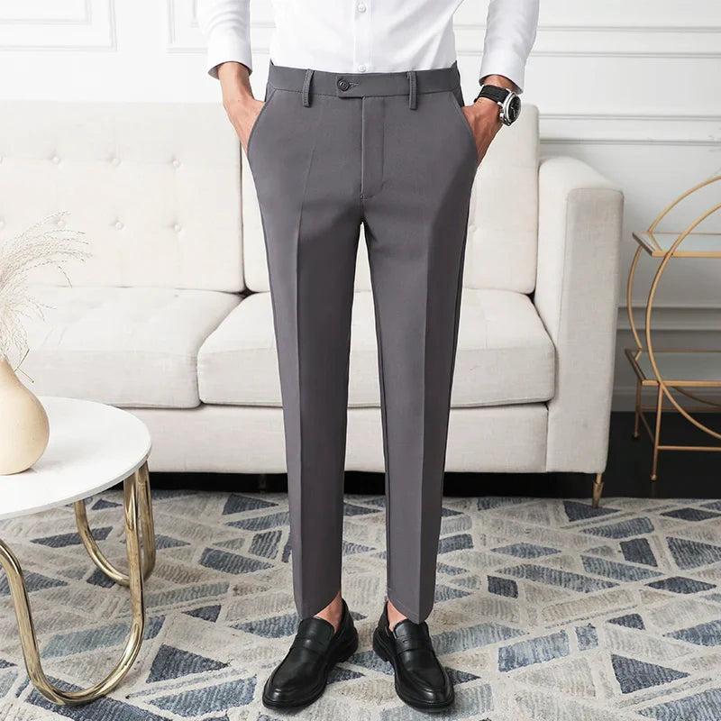 Thickened Fleece Men's Casual Straight Leg Pants Autumn Winter Elastic Slim Fit Korean Style Fashionable Nine Point Long Trou...