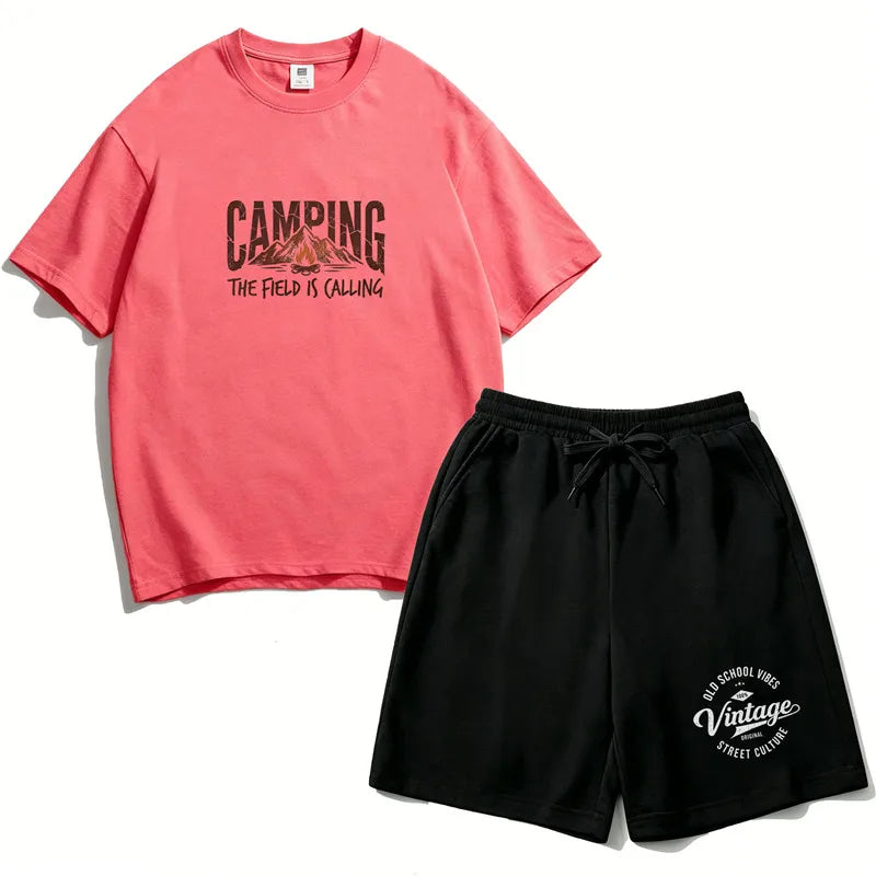 Boys 2PCS Cotton Outfit Set Mountain Print Short Sleeve Tee + Elastic Waist Shorts Camping Summer Set LH21