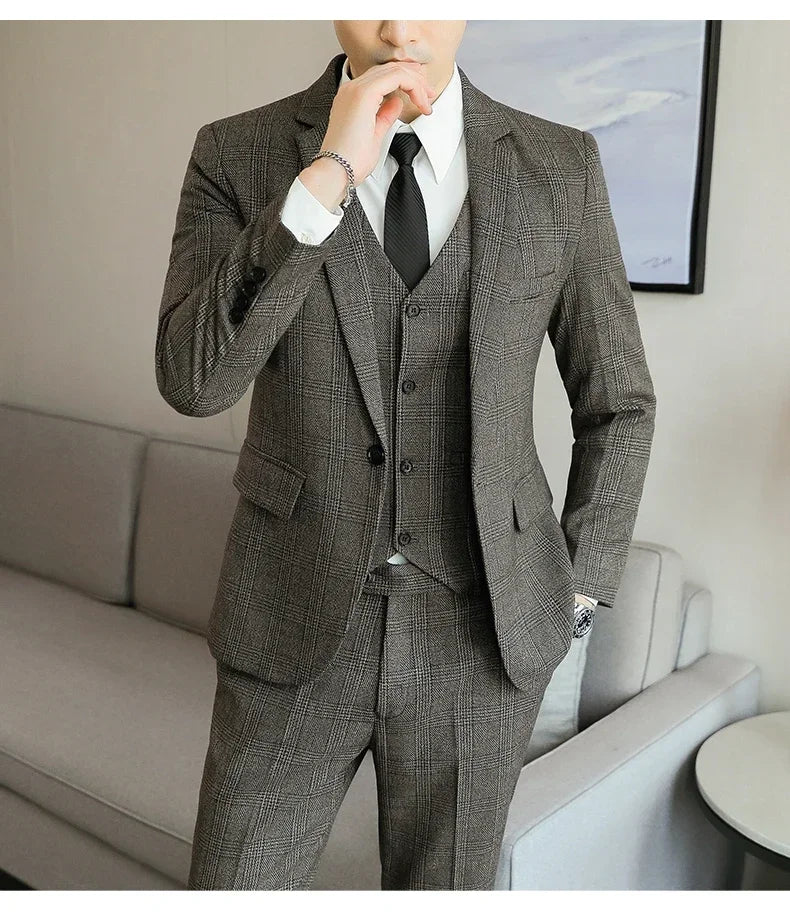 Hemp (blazer+Vest+Pants) Fashion Business Leisure Hosts Slim-fit Cotton Hemp Gentleman Wedding Work Wedding Suits for Men M-5XL