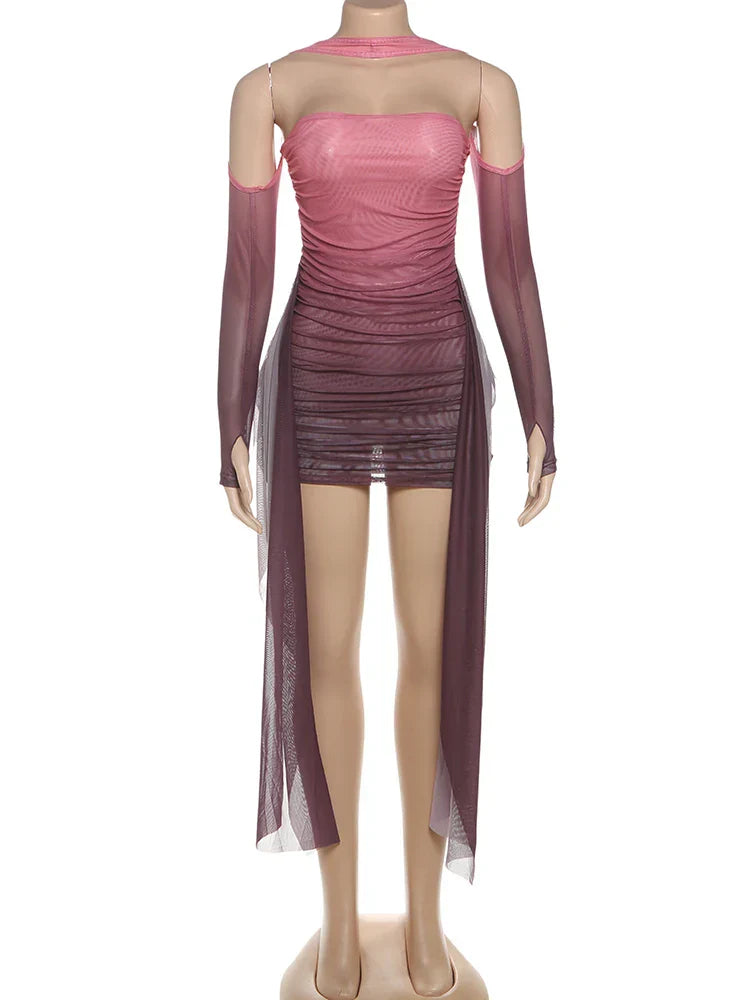 Mesh Simple Women Mini Dress Fashion Solid Strapless Ribbons Tassel Body-shaping Vestidos+Seperately Full Sleeve Gloves
