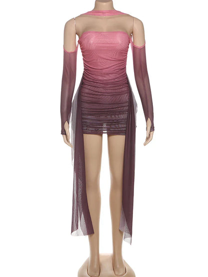 Mesh Simple Women Mini Dress Fashion Solid Strapless Ribbons Tassel Body-shaping Vestidos+Seperately Full Sleeve Gloves