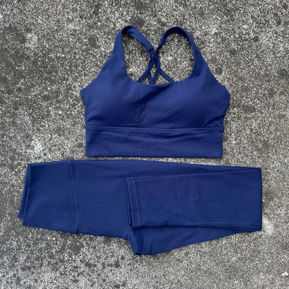 Solid Color Women Gym Yoga Set Shoulder Strap Cross Back Push Up Sport Bra High Waist Yoga Leggings 2pc Sportwear Workout Wear