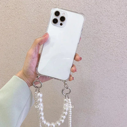 Pearl Chain With Casing for iPhone 16 15 14 13 12 11 Pro Max XR 8 7 Plus Crossbody Necklace Lanyard Phone Case Shockproof Cover