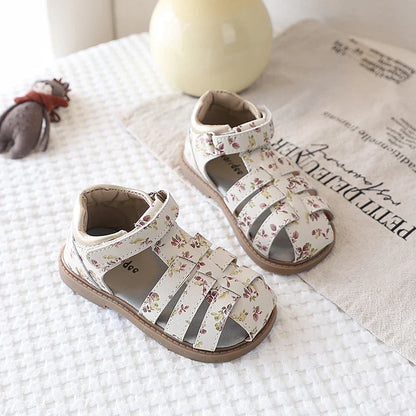Summer Toddler Girls Floral Closed Toe Sandals Anti-collision Kids Sandal Lovely Hook-loop Sweet Children Beach Shoes 21-30