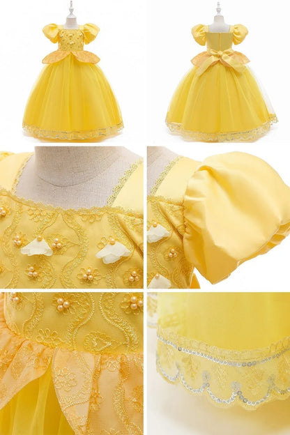 Girl Princess Dress Beauty And Beast Cosplay Costume Belle Praty Yellow Luxury Wedding Ball Gown Kid Carvinal Fancy Clothes