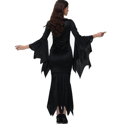 Halloween Morticia Adams Primate Black Adams Family Dress Retro Gothic Flared Sleeve Fishtail Dress Vestido