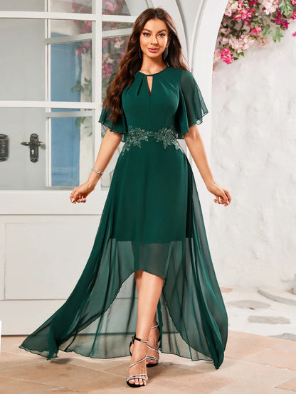 Embroidery Lace Butterfly Sleeve Back Split Long Dress With Keyhole Neckline And Waistband Bridesmaid Dress