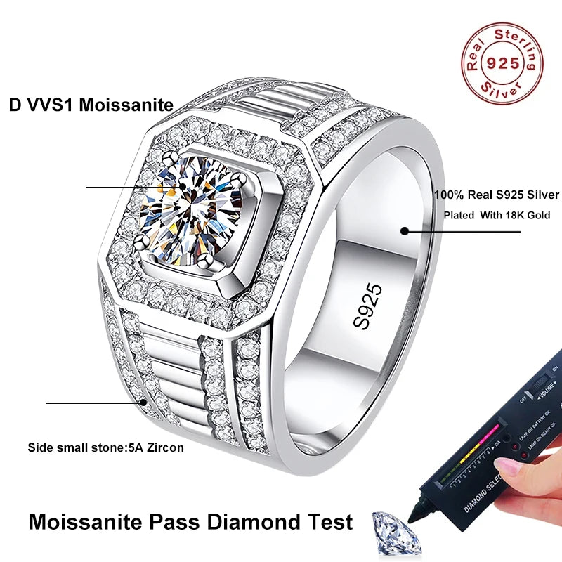 Moissanite Ring For Men Sterling Silver Platinum Plated Ring Lab Diamond Men's Rings Man Wedding Band Fine Jewelry