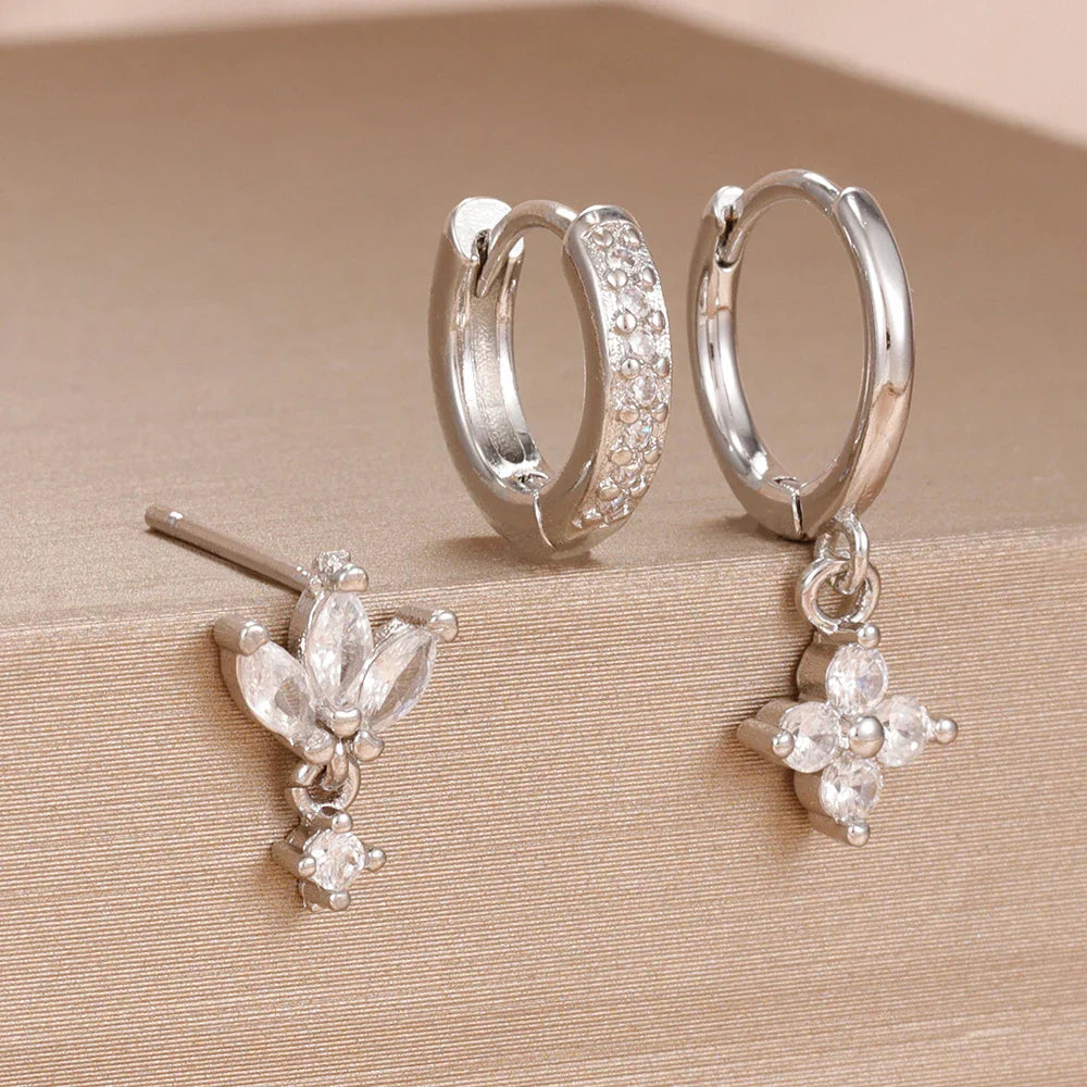 3PCS Fashion Orange Blue Zircon Hanging Earrings Set for Women Stainless Steel Flower Dangle Earring Piercing Jewelry