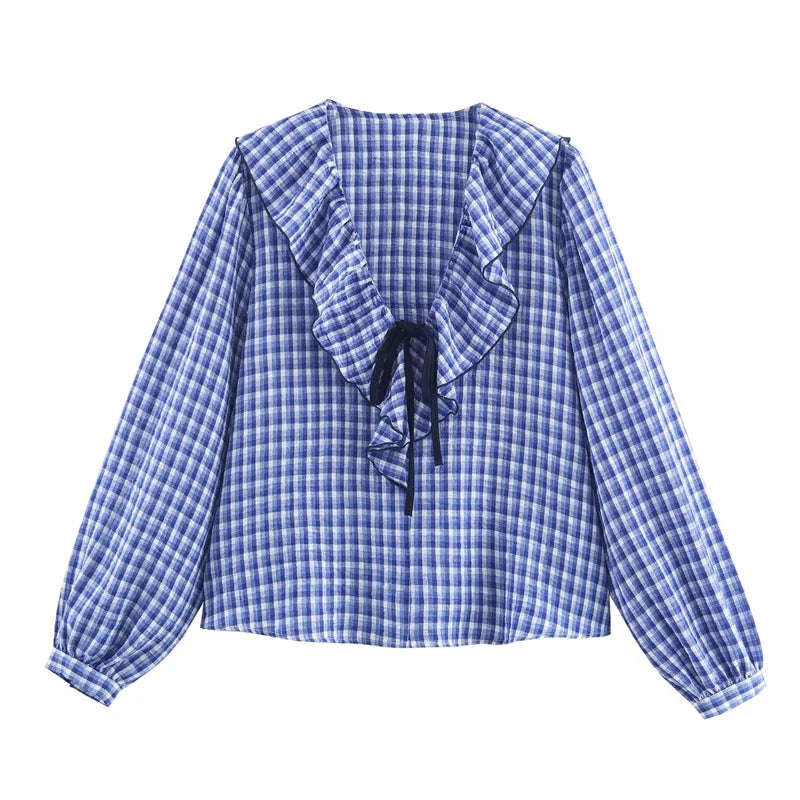 Elegant Fashion Chidori Plaid Ruffles Chiffon Shirt Spring 2025 Ruffled Neck Long Butterfly Sleeve Loose Tops Women's Clothing
