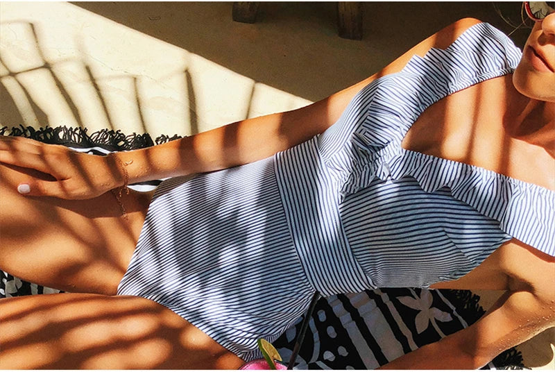 Sexy One Piece Swimsuit 2023 Women Striped Ruffled Swimwear Women Vintage Print Monokini Female Bodysuit Girl Beach Bathing Suit