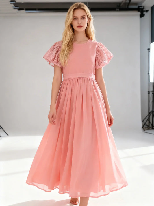 Summer Girls' Round Neck Flying Sleeve Solid Color Princess Dress With Cinched Waist To Show Off Slimming Temperament Dress