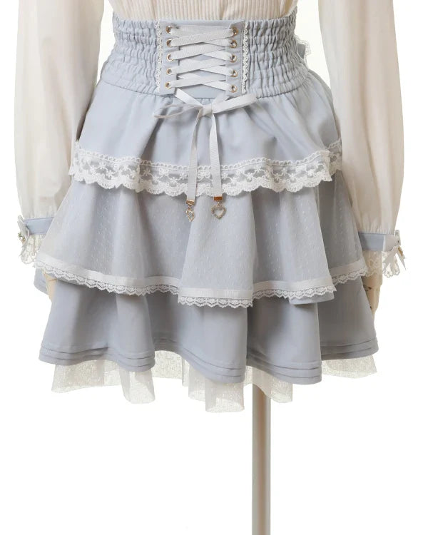 Mine Style Mass-Produced Japanese Casual Laminated Ruffles Lace  Skirts 2023 Autumn Winter High Waist Corset A- Line Mini Skirt