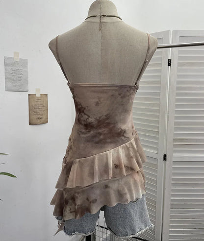 2025 Mesh Camisole for Women Stretch Casual Tie Dyeing Braless Sleeveless Adjustable Straps Asymmetrical Ruffle Tops