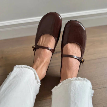 Mary Janes Women Calfskin Leather Round Toe Pleated Pattern Buckle Strap Solid Color Flat Shoes Ladies Handmade 28337