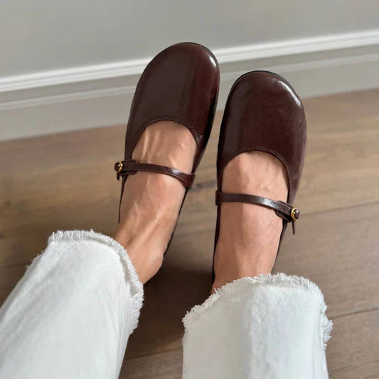 Mary Janes Women Calfskin Leather Round Toe Pleated Pattern Buckle Strap Solid Color Flat Shoes Ladies Handmade 28337