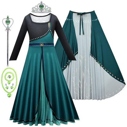 Frozen Coronation Anna Princess Girls Cosplay  Long Sleeve Costume Carnival Party Kids Cloak Clothes Birthday Print Dress