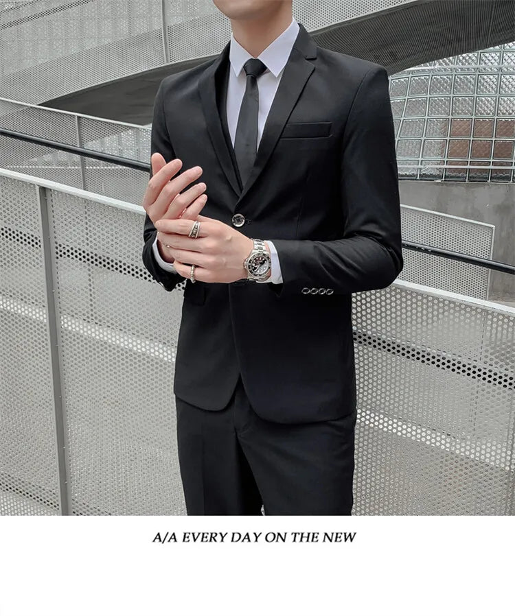 Solid Color Suit Men's Fashionable Gentleman Business Banquet Korean-style Formal Dress Casual Wedding (Blazer+Vest+Trousers)
