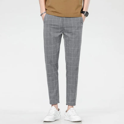 High Quality Plaid Stripe Ankle Length Pants Men Business Long Length Pant Straight Korea Grey Black Suit Formal Trousers Male