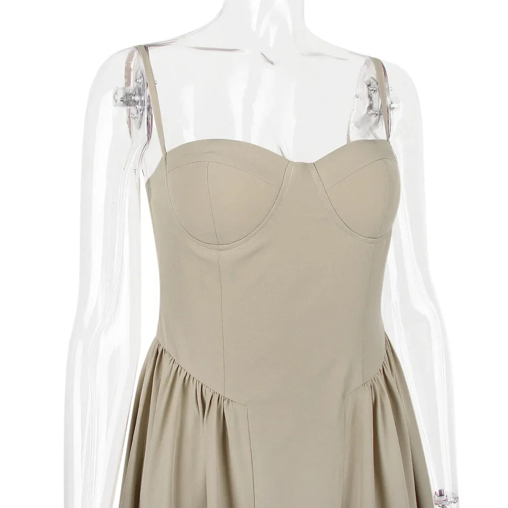 Women Elegant Sleeveless Backless Pleated Dresses Lady Sexy Solid Sling Midi Dress 2024 Female Party Evening A-line Robes