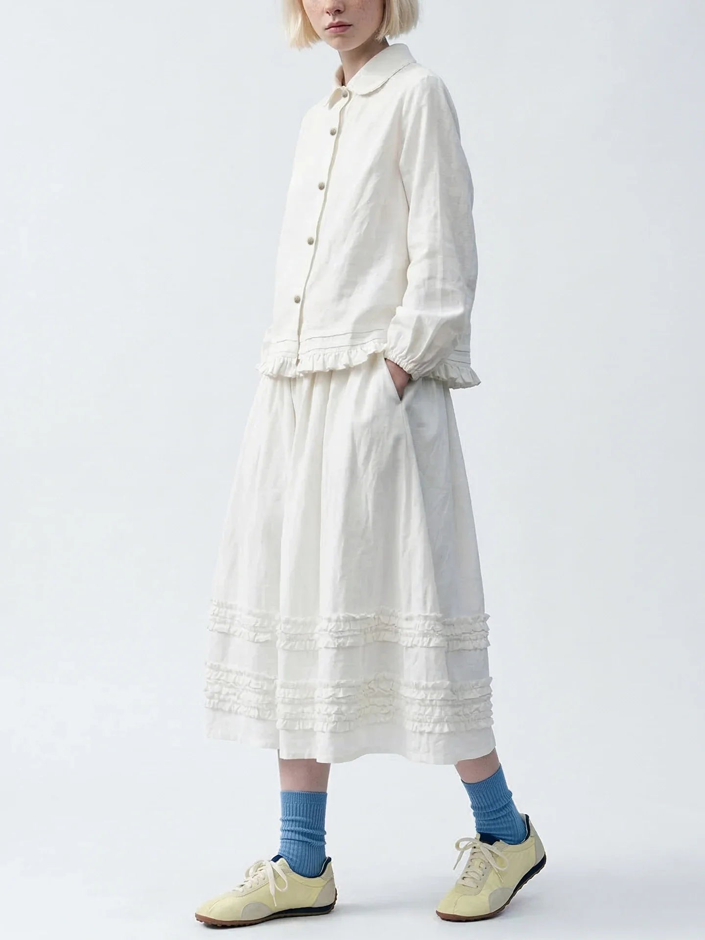 Artistic ruffled half skirt for women, imakokoni 2026 spring forest style white midi skirt, versatile 265387