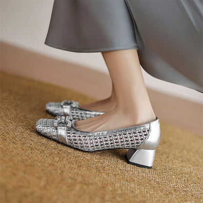 Women's genuine leather braided microfiber patchwork summer breathable pumps crystal buckle 4cm thick med heel daily dress shoes
