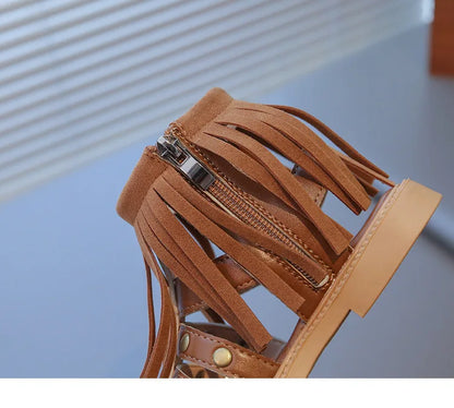 England Style Fashion Tassel Sandals Summer New Side Zipper Rivet High-top Sandals Student Beige Brown Roman Shoes Fringe I05235