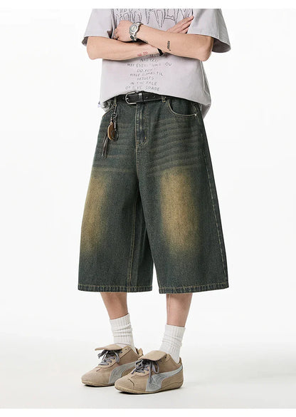 2025 Summer Men's Wide Leg Jeans Shorts Vintage Distressed Wash Y2K Straight Elastic Waist Loose Casual Relaxed Fit