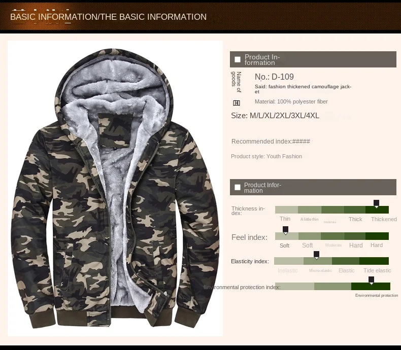 Men's Zip Up Hoodie camouflage Heavyweight Winter Sweatshirt Fleece Sherpa Lined Warm Jacket