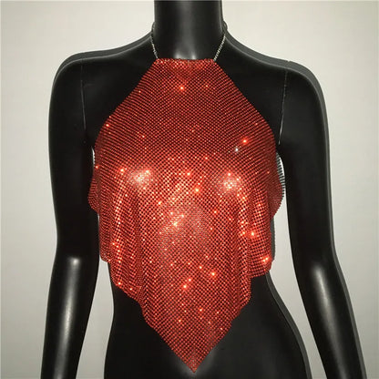 Fashion Summer Backless Tank Top Women Shiny Rhinestone Metal Sequins Halter Neck Camisole Rave Festival Party Crop Tops
