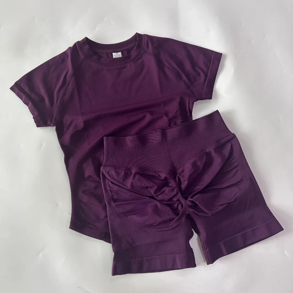 2 Piece Sets Women Outfit Longline Short Sleeve Gym Crop Top High Waist Workout Shorts Sports Suit Fitness Clothes Yoga Set