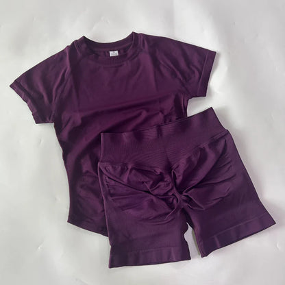 2 Piece Sets Women Outfit Longline Short Sleeve Gym Crop Top High Waist Workout Shorts Sports Suit Fitness Clothes Yoga Set