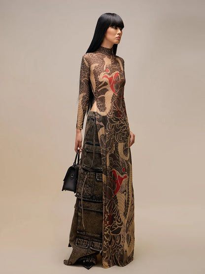See Through Blouse Women Snake Print Half-High Neck Long Sleeves High Slits High Elasticity Street Skinny Trend Long Tops