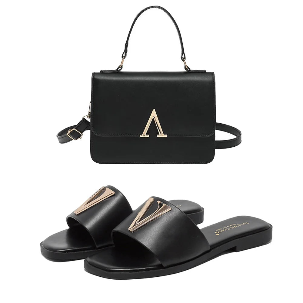High Quality PU Purses And Sandals Sets Flat Shoes And Bag Set Matching Handbags For Women Slippers Flip Flops Women Shoes