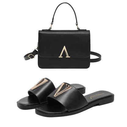 High Quality PU Purses And Sandals Sets Flat Shoes And Bag Set Matching Handbags For Women Slippers Flip Flops Women Shoes