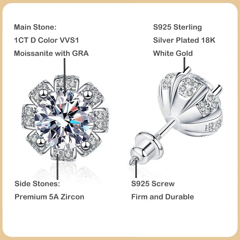 New In D Color 1CT Moissanite Screw Earrings For Women Girls Party Fine Jewelry S925 Sterling Silver Diamond Stud Earring