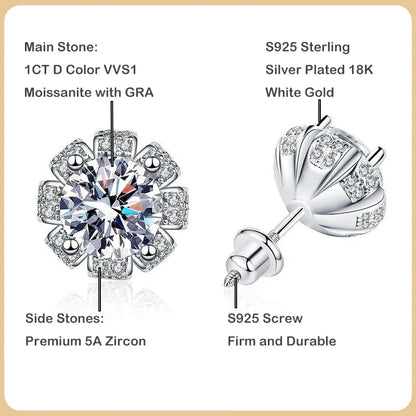 New In D Color 1CT Moissanite Screw Earrings For Women Girls Party Fine Jewelry S925 Sterling Silver Diamond Stud Earring