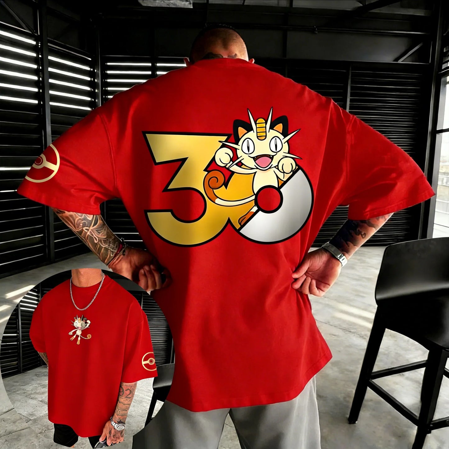 30th Anniversary Meowth Printed T-shirt Summer New Men's and Women's Loose Casual Hip Hop Trendy Short Sleeve Top