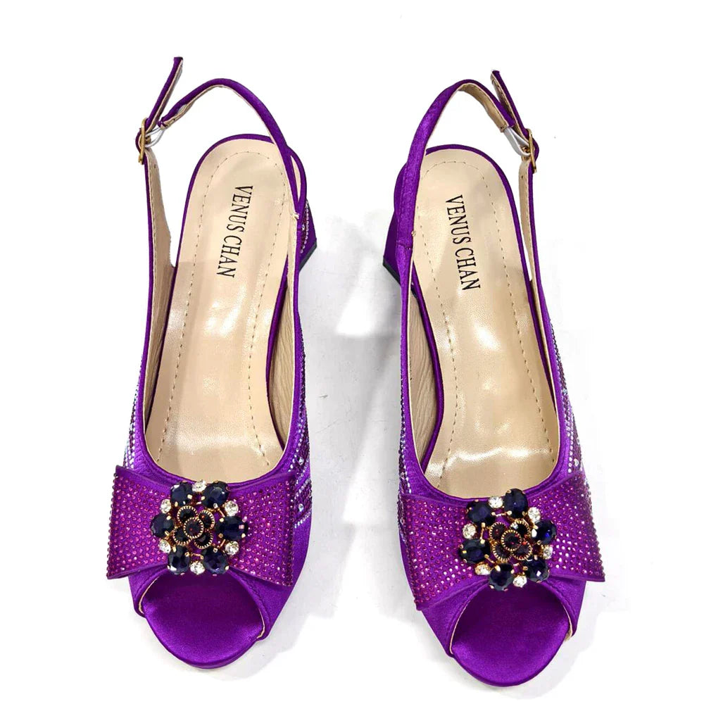 Italian Shoes and Bags Matching Set for Women Bow Rhinestones Peep Toe High Heels Purple Color Nigerian Party 2024
